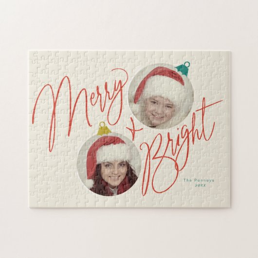 Merry & Bright Script und Foto Ornamente Design Puzzle (Horizontal)