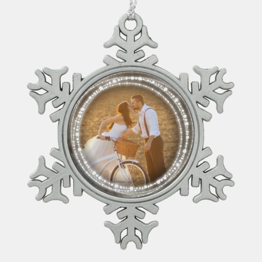 Merry & Bright Sparkling Circles Weihnachts-Foto Schneeflocken Zinn-Ornament (Vorderseite)