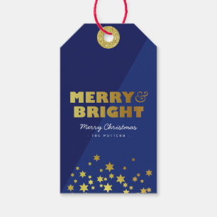 Merry & Bright   Spaß Weihnachten Blau & Gold Geschenkanhänger