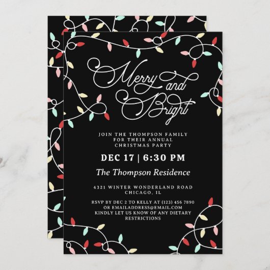 Merry & Bright String Lights Weihnachts-Party Einladung (Vorne/Hinten)