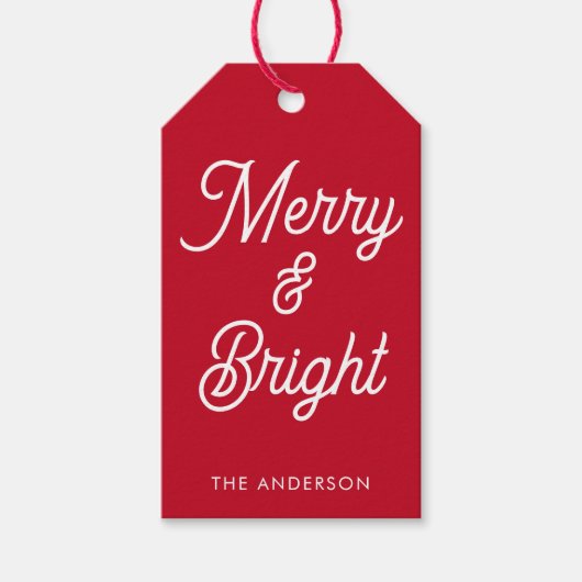 Merry-Bright-Typografie-Script rot Geschenkanhänger (Vorderseite)