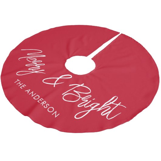 Merry-Bright-Typografie-Script rot Polyester Weihnachtsbaumdecke (Schrägansicht)