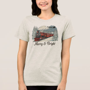 Merry Bright Vintage Christmas Train Graphic T-Shi Tri-Blend Shirt