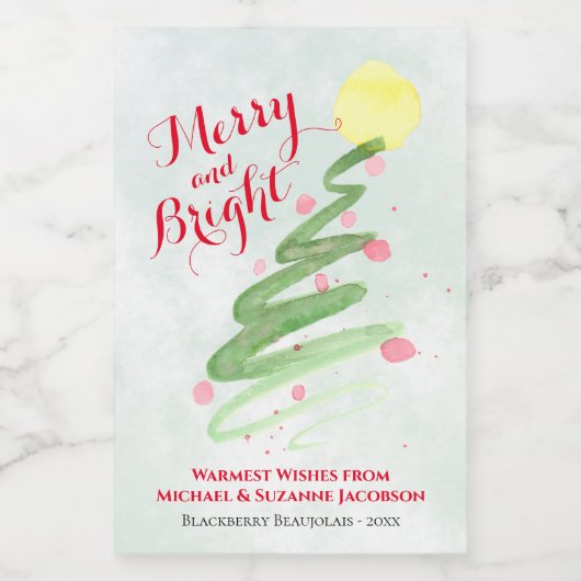 Merry & Bright Wasserfarbe Weihnachtsbaum Mini Weinetikett (Einzelnes Label)
