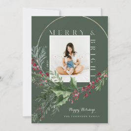 Merry & Bright Watercolor Grünpflanzen Foto Feiertagskarte