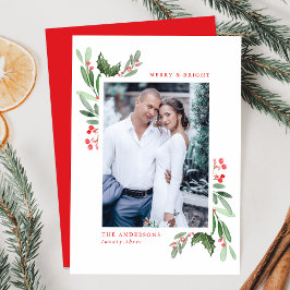 Merry & Bright Watercolor Holly Berries Foto Feiertagskarte