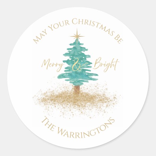 "Merry & Bright" Watercolor Tree Custom Name Runder Aufkleber (Vorderseite)