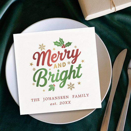 Merry & Bright Weihnachten Rot und grüne Typografi Serviette
