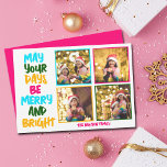 Merry Bright Weihnachts-Collage Pink Feiertagskarte<br><div class="desc">Niedliche und fröhliche Foto-Collage Urlaubskarten mit einem farbenfrohen Strang von Weihnachtsbeleuchtung umhüllt von Ihrem Kinderfoto. Mögen Ihre Tage fröhlich und hell geschrieben in fett gedruckten Buchstaben von hellblau bis zu Ihrem Familiennamen in heißen Rosa. Ein farbenfroher Regenbogen für die Ferien. Fügen Sie Ihre Lieblings-4 Fotos hinzu.</div>