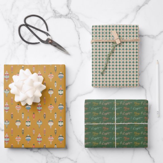 Merry + Bright Weihnachtsdekoration Geschenkpapier Set (Vorderseite)