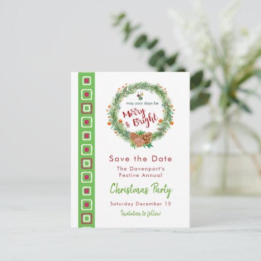 Merry & Bright Weihnachtskranz Save the Date Postkarte (Stehend Vorderseite)