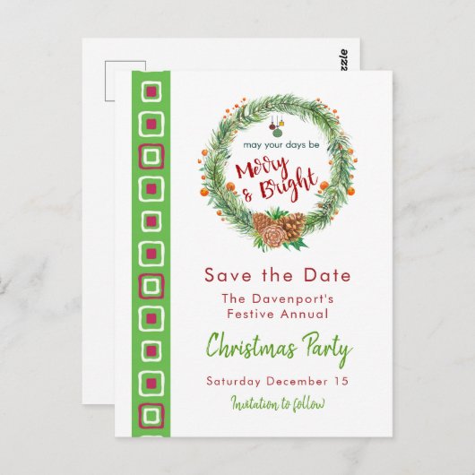 Merry & Bright Weihnachtskranz Save the Date Postkarte (Vorne/Hinten)