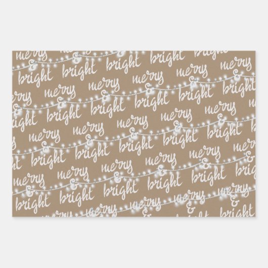 Merry & Bright White Christmas Tree Lights Kraft Geschenkpapier Set (Vorderseite)