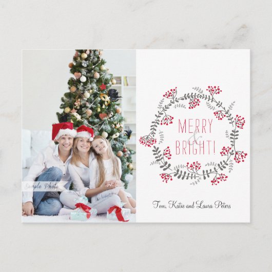 Merry & Bright Wreath Feiertagspostkarte (Vorderseite)