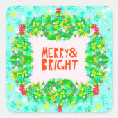 Merry & Bright Wreath Quadratischer Aufkleber (Vorderseite)