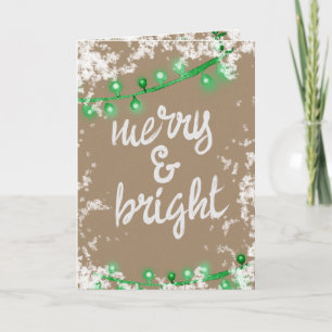 Merry & Bright Writing Green Snow Tree Light Kraft Feiertagskarte