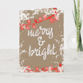 Merry & Bright Writing Red Snowy Tree Lights Kraft Feiertagskarte