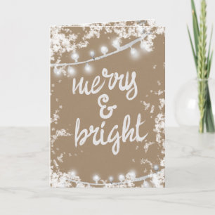 Merry & Bright Writing White Trees Lights Kraft Feiertagskarte