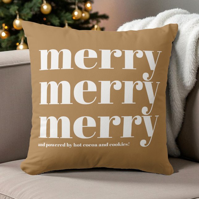 Merry Brown White Typografy Spaß Weihnachtsfeierta Kissen (Merry Brown White Typography Fun Christmas Holiday Throw Pillow)