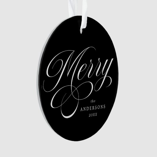 Merry Calligraphy Script Black Foto Ornament (Vorderseite)