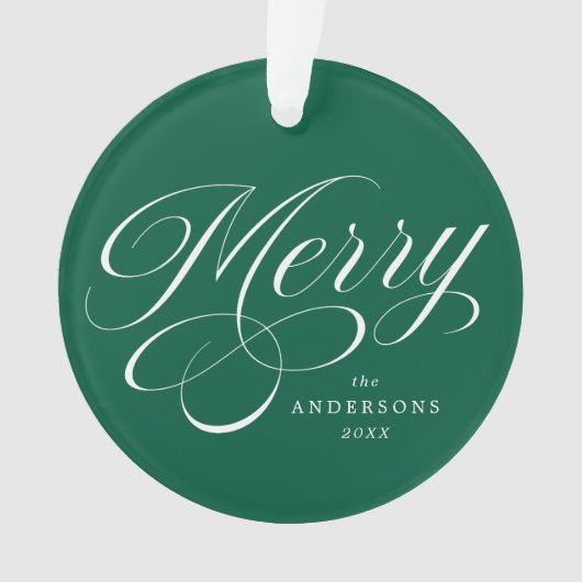 Merry Calligraphy Script Green Foto Ornament (Vorderseite)