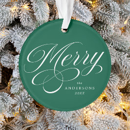 Merry Calligraphy Script Green Foto Ornament