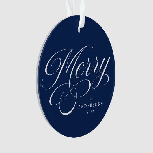 Merry Calligraphy Script Navy Blue Foto Ornament (Vorderseite)