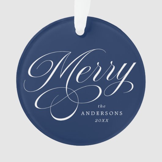 Merry Calligraphy Script Navy Blue Foto Ornament (Vorderseite)