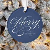 Merry Calligraphy Script Navy Blue Foto Ornament