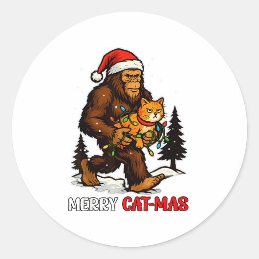 Merry Catmas Bigfoot And Lights Santa Hat Funny Ca Runder Aufkleber (Vorderseite)
