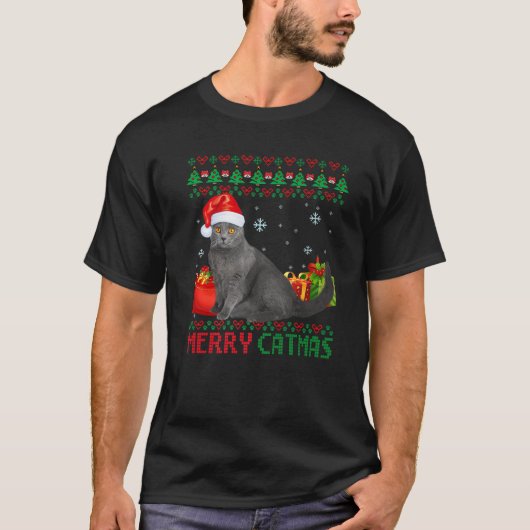 Merry Catmas Cat Ugly Christmas Chartreux Mama Vat T-Shirt (Vorderseite)