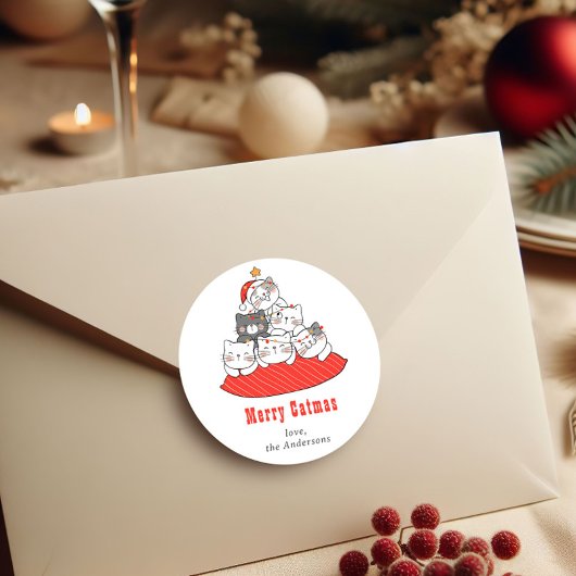 Merry Catmas Cute Cats Holiday Personalized  Runder Aufkleber