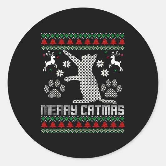 Merry Catmas Funny Cat Christmas Ugly Sweater Men Runder Aufkleber (Vorderseite)