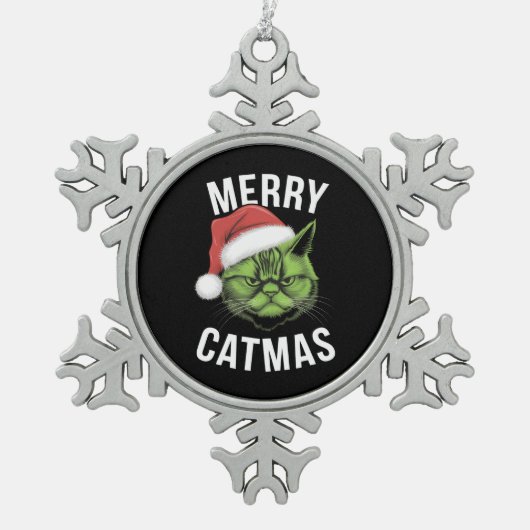 Merry Catmas Funny Cat Liebhaber Weihnachten Schneeflocken Zinn-Ornament (Vorderseite)