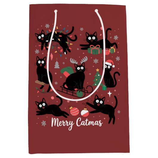 Merry Catmas Funny Christmas Black Cat Lover Mittlere Geschenktüte (Vorderseite)