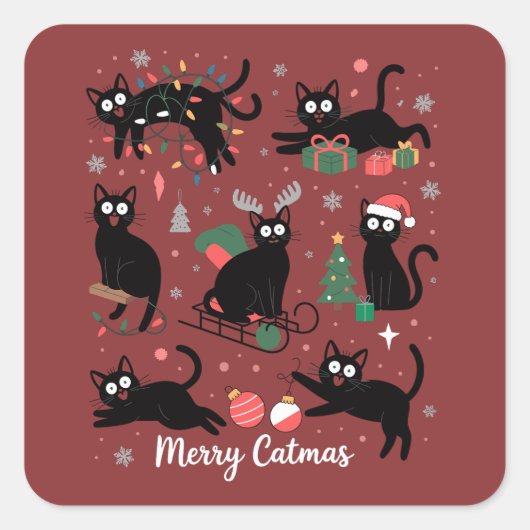 Merry Catmas Funny Christmas Black Cat Lover Quadratischer Aufkleber (Vorderseite)