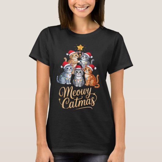 Merry Catmas Funny Christmas Tree Matching Meowy X T-Shirt (Vorderseite)