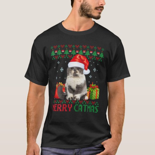 Merry Catmas Katze Ugly Christmas Kurzhaar Exotic  T-Shirt (Vorderseite)