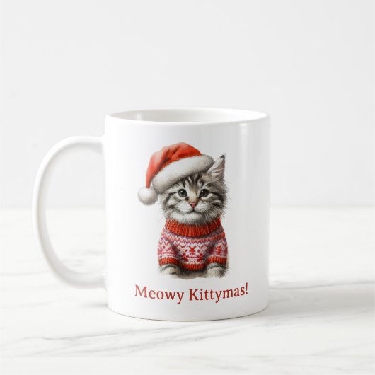 Merry Catmas Niedlich Tabby Kitten Weihnachten Kaffeetasse (Links)
