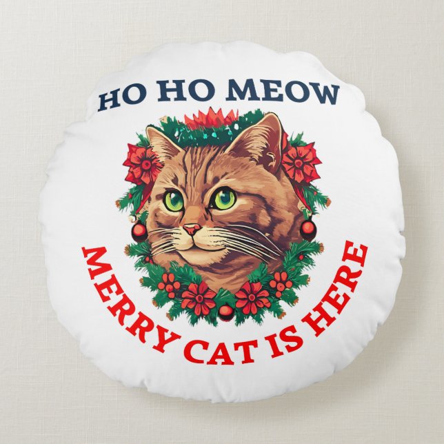 Merry Catmas Rundes Kissen (Vorderseite)