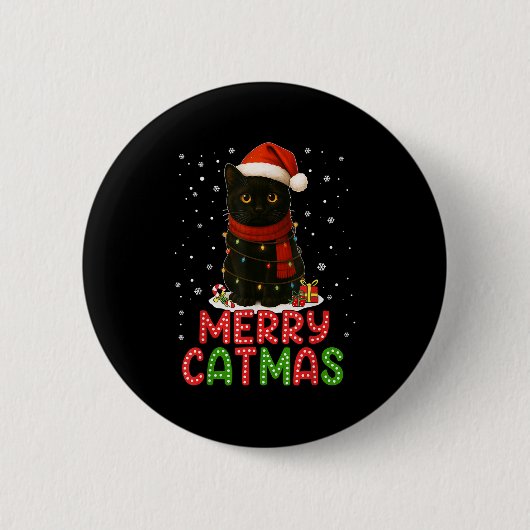 Merry Catmas Santa Hat Funny Black Cat Christmas W Button (Vorderseite)