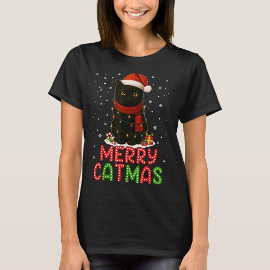 Merry Catmas Santa Hat Funny Black Cat Christmas W T-Shirt (Vorderseite)