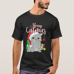 Merry Catmas Weihnachtsmannmütze Gray Cat Funny Ch T-Shirt