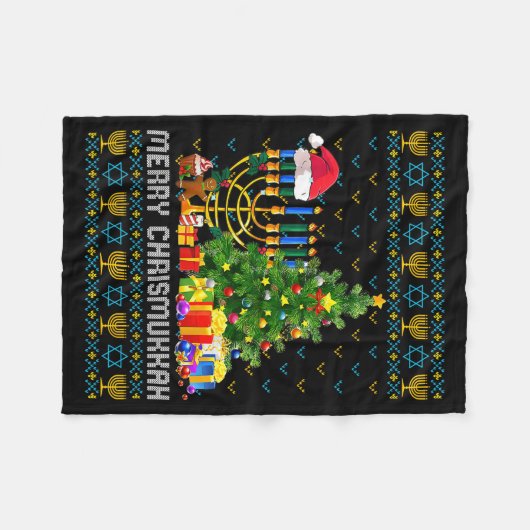 Merry Chrismukkah Happy Hanukkah Ugly Sweater Fami Fleecedecke (Vorderseite (Horizontal))