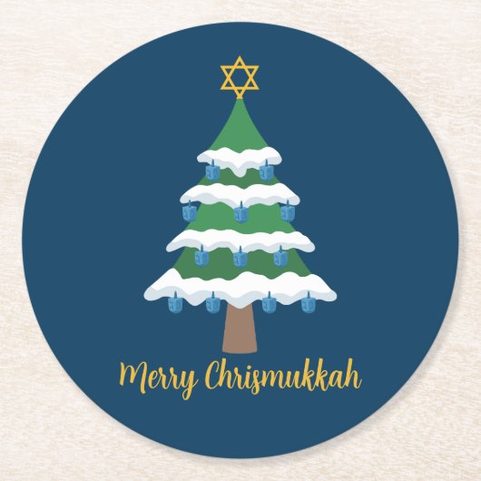 Merry Chrismukkah Niedlich Hanukkah Weihnachtsbaum Runder Pappuntersetzer (Vorderseite)