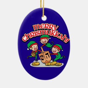 Merry Chrismukkkah mit Elves und Dreidels Keramik Ornament