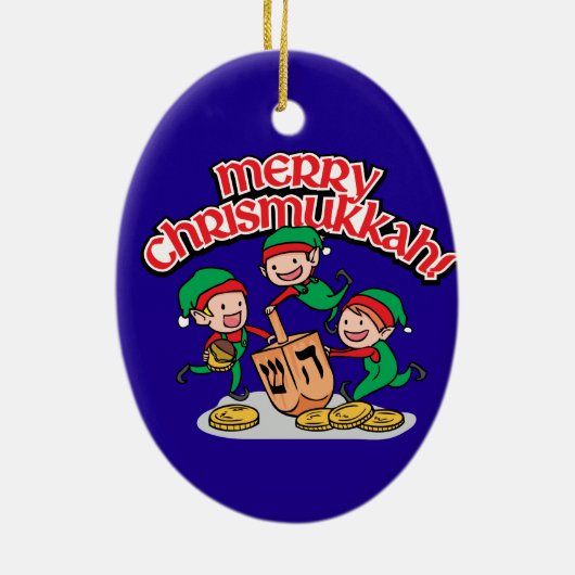 Merry Chrismukkkah mit Elves und Dreidels Keramik Ornament (Hinten)