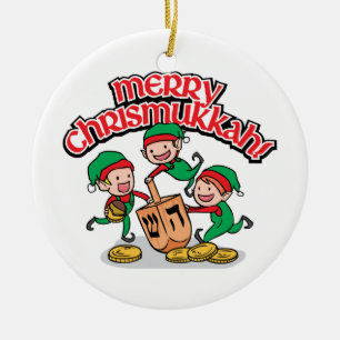Merry Chrismukkkah mit Elves und Dreidels Keramik Ornament