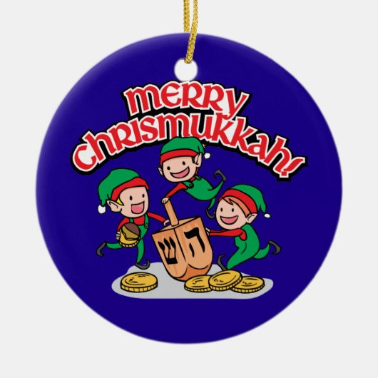 Merry Chrismukkkah mit Elves und Dreidels Keramikornament (Vorne)