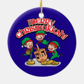 Merry Chrismukkkah mit Elves und Dreidels Keramikornament (Hinten)